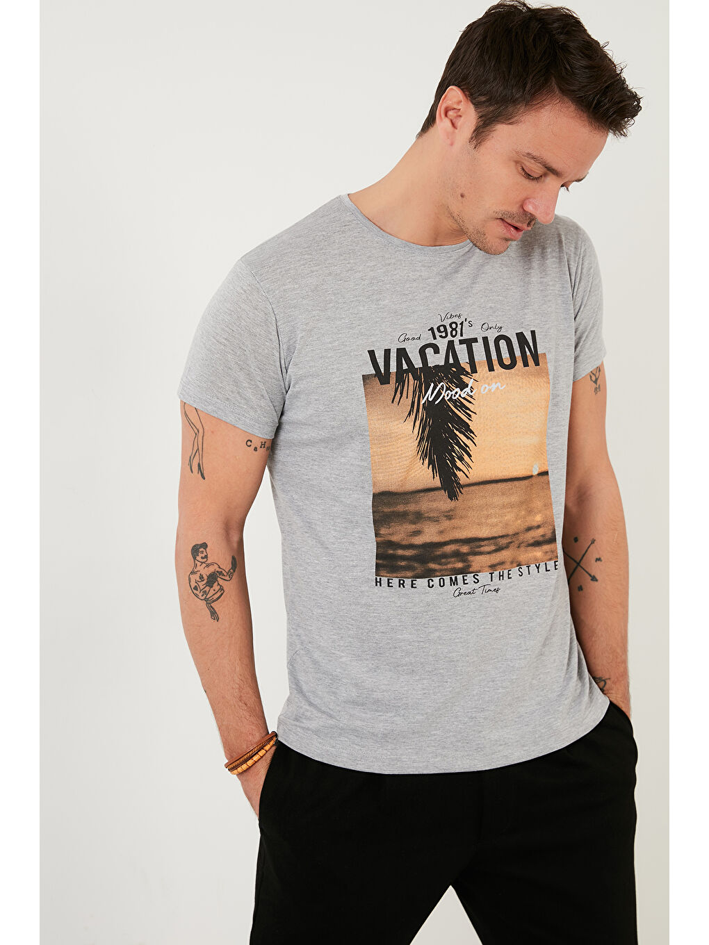 Buratti Gri Baskılı % 100 Pamuk Bisiklet Yaka Slim Fit T Shirt 541VACATION - 1