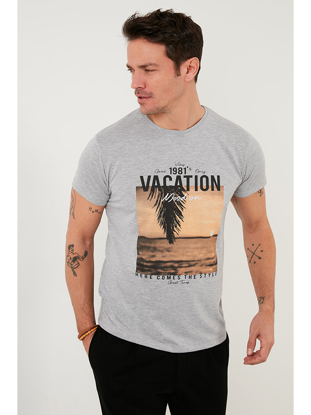 Buratti Gri Baskılı % 100 Pamuk Bisiklet Yaka Slim Fit T Shirt 541VACATION - 2