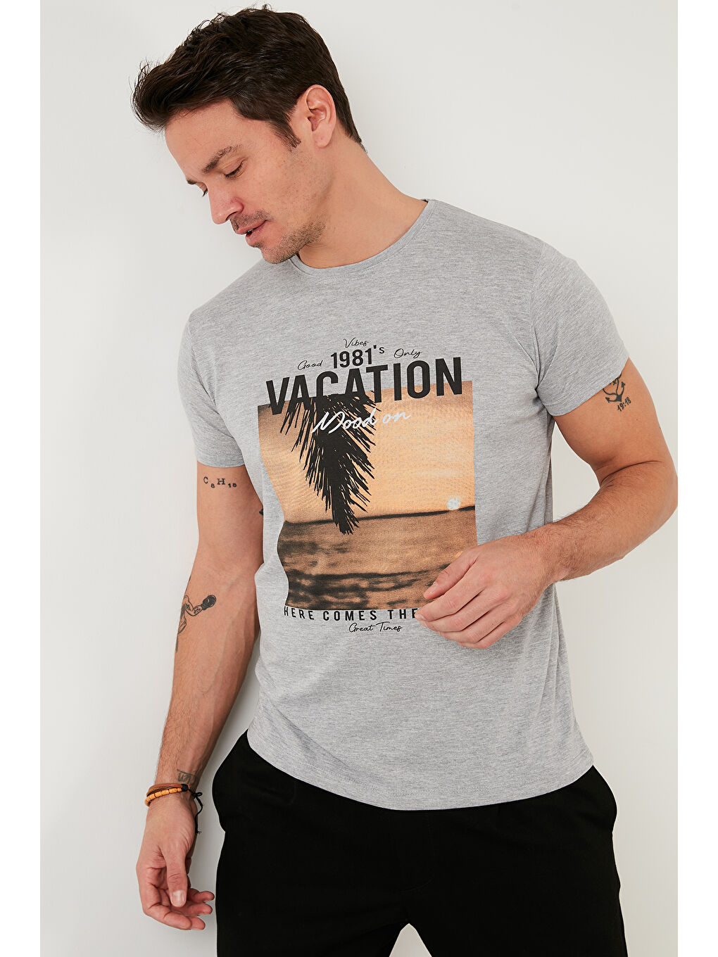 Buratti Gri Baskılı % 100 Pamuk Bisiklet Yaka Slim Fit T Shirt 541VACATION - 3