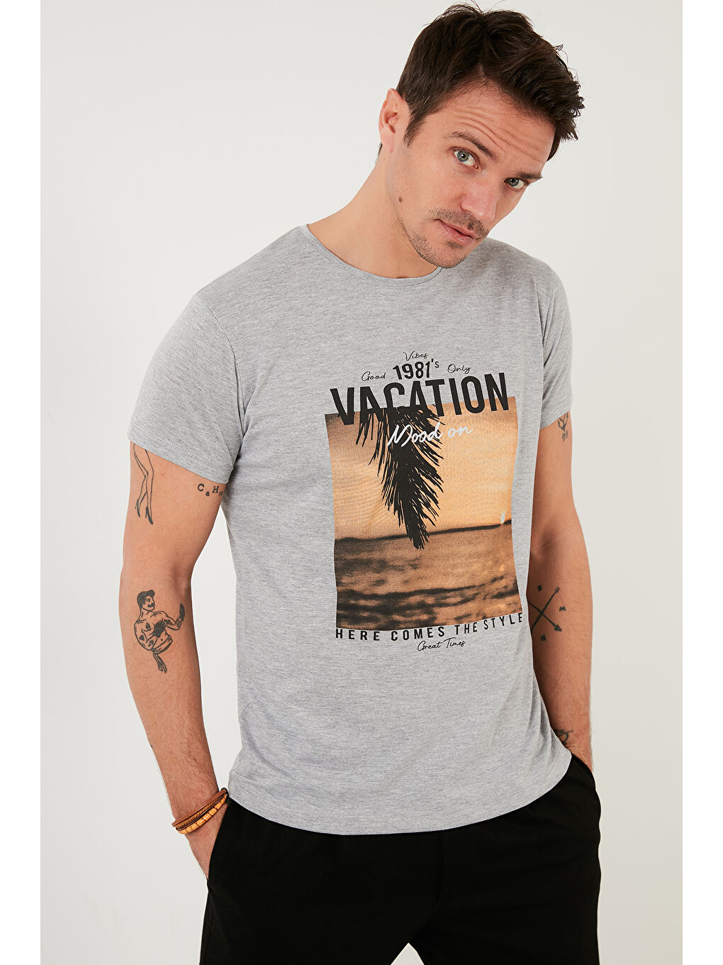 Buratti Gri Baskılı % 100 Pamuk Bisiklet Yaka Slim Fit T Shirt 541VACATION - 5