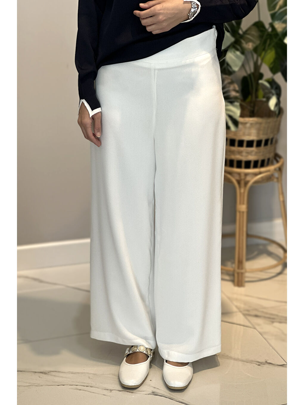 Krep Kumaş Bol Paça Pantolon 16008 Ekru