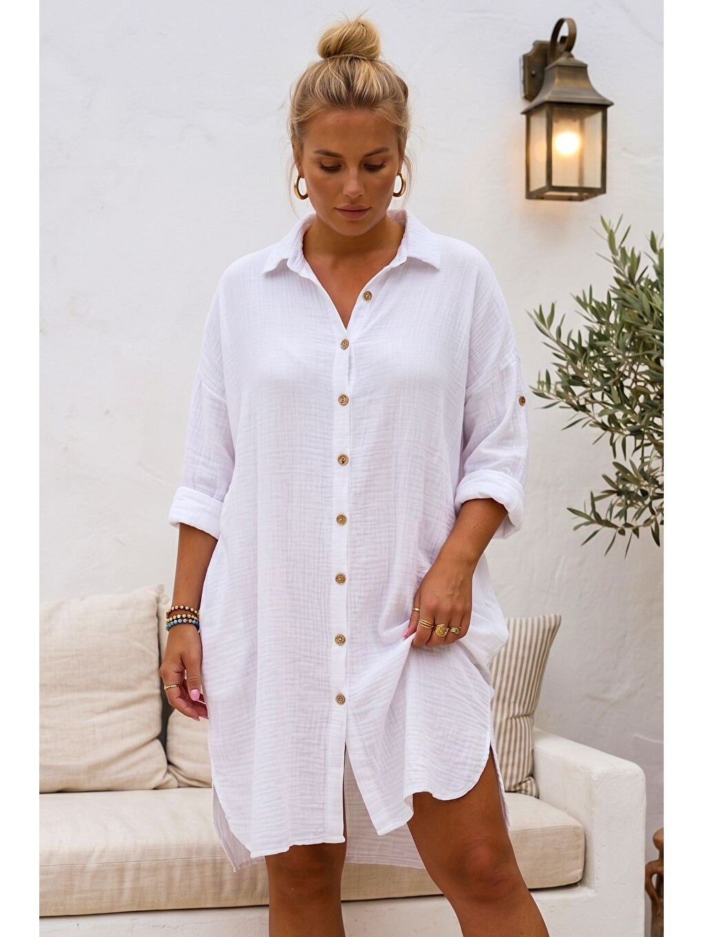 Beyaz Gömlek Yaka 3/4 Kol Düğmeli Gizli Cepli Yıkamalı Casual Müslin Oversize Dokuma Elbise 101 72