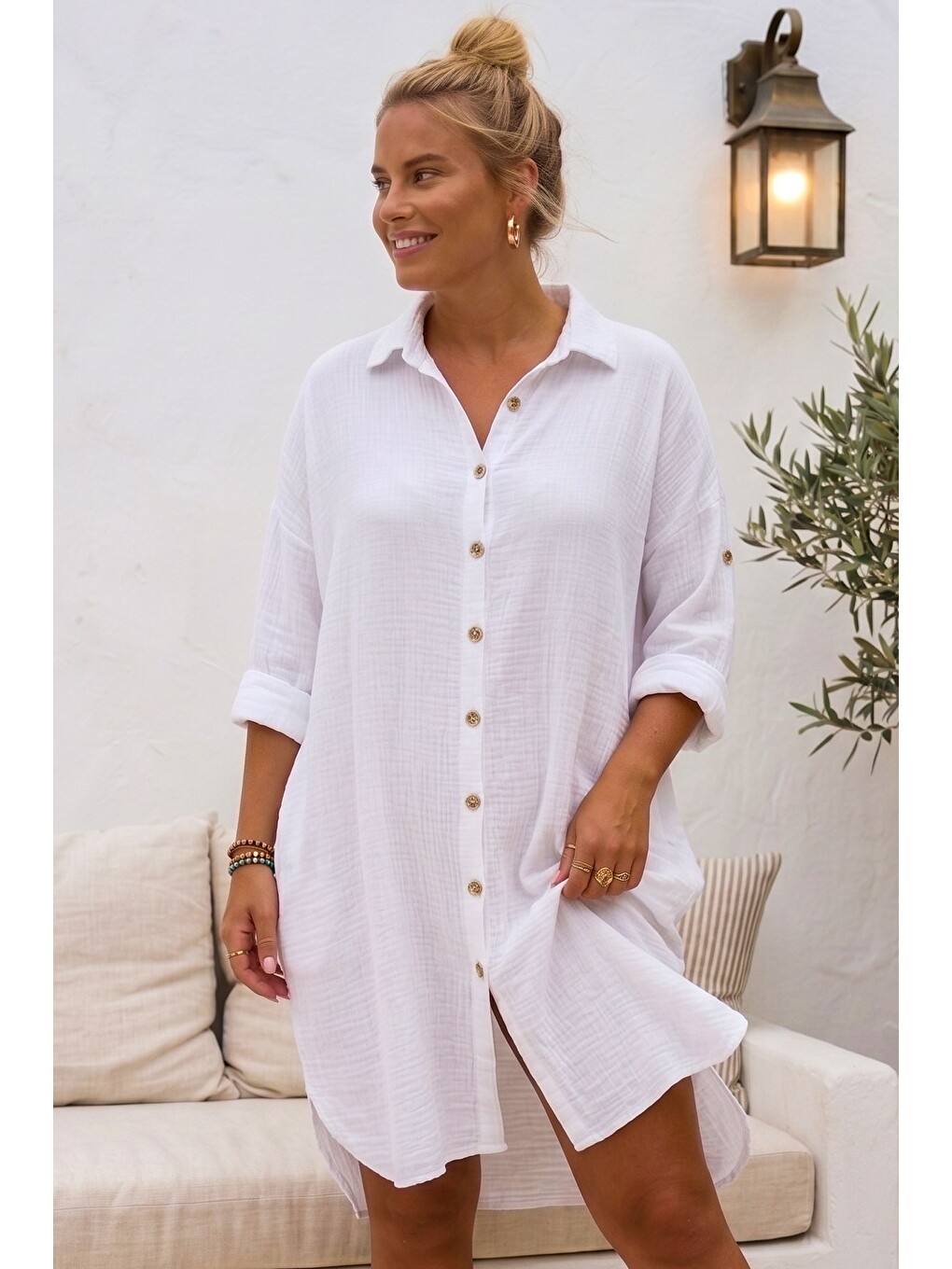 Beyaz Gömlek Yaka 3/4 Kol Düğmeli Gizli Cepli Yıkamalı Casual Müslin Oversize Dokuma Elbise 101 72-1