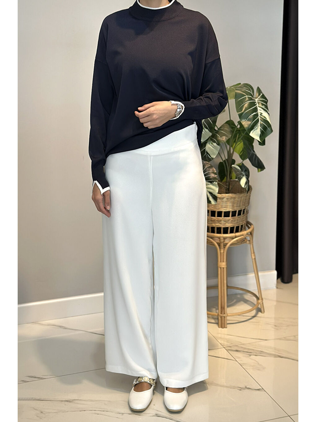 Krep Kumaş Bol Paça Pantolon 16008 Ekru-1