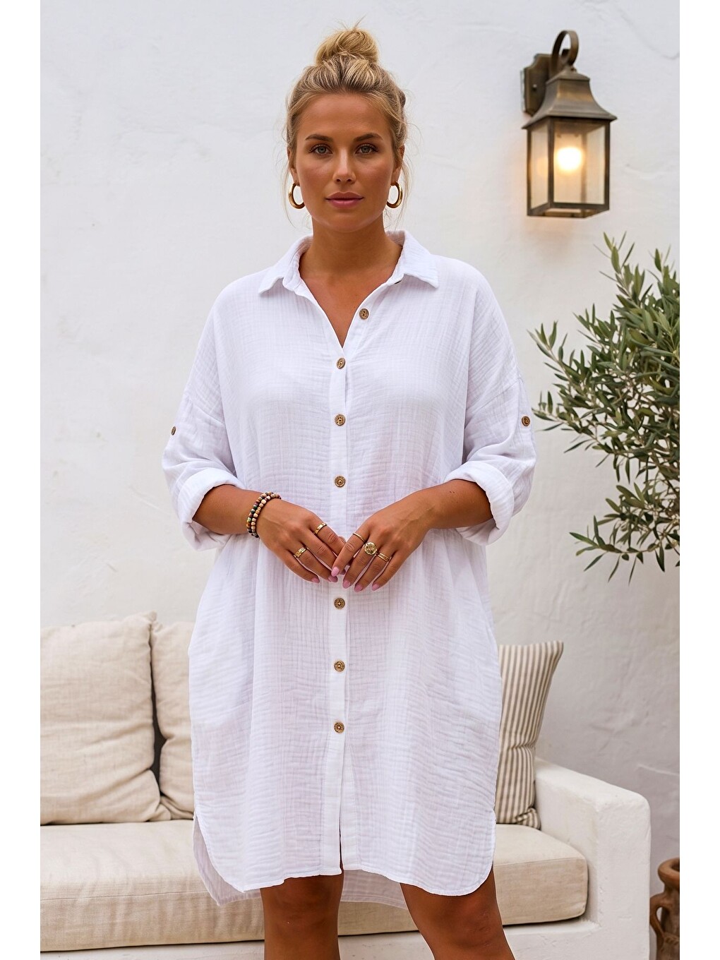 Beyaz Gömlek Yaka 3/4 Kol Düğmeli Gizli Cepli Yıkamalı Casual Müslin Oversize Dokuma Elbise 101 72-2
