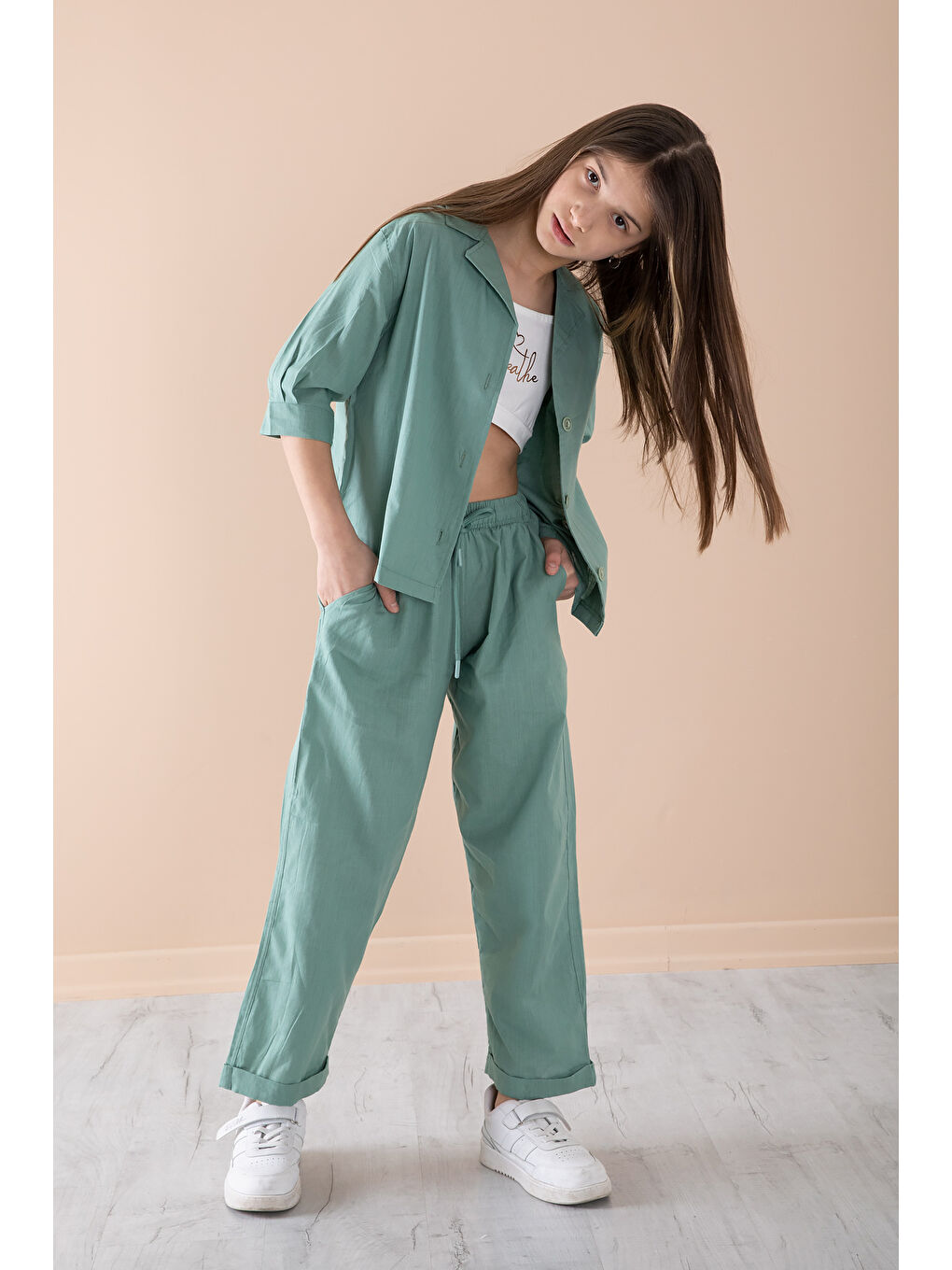 Yeşil Yarım Kol Kız Çocuk 3lü Croplu Takım 20327