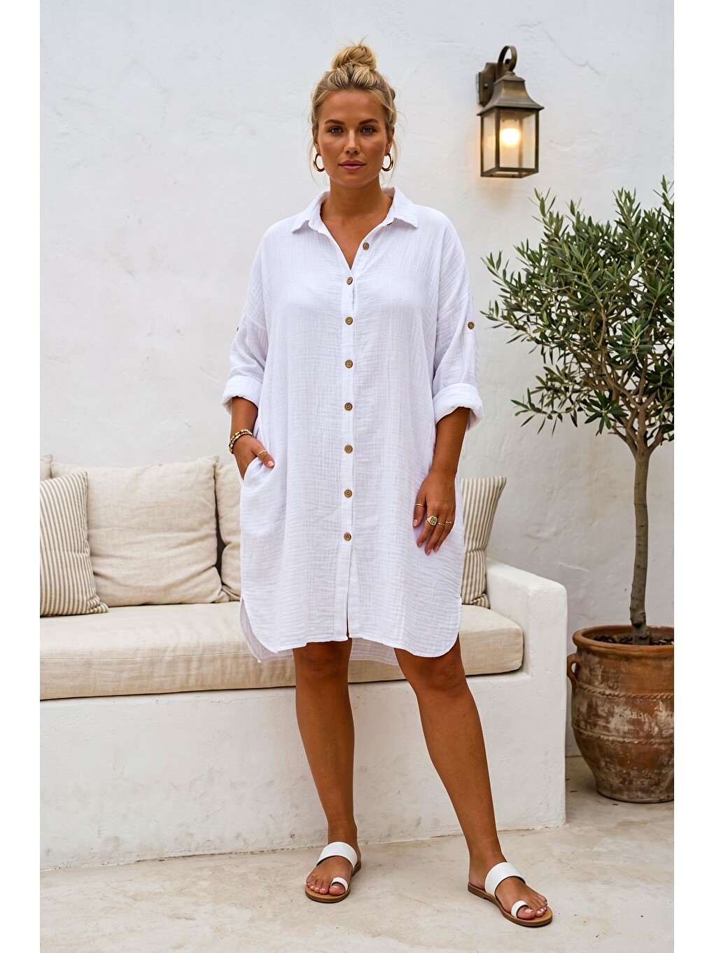 Beyaz Gömlek Yaka 3/4 Kol Düğmeli Gizli Cepli Yıkamalı Casual Müslin Oversize Dokuma Elbise 101 72-3