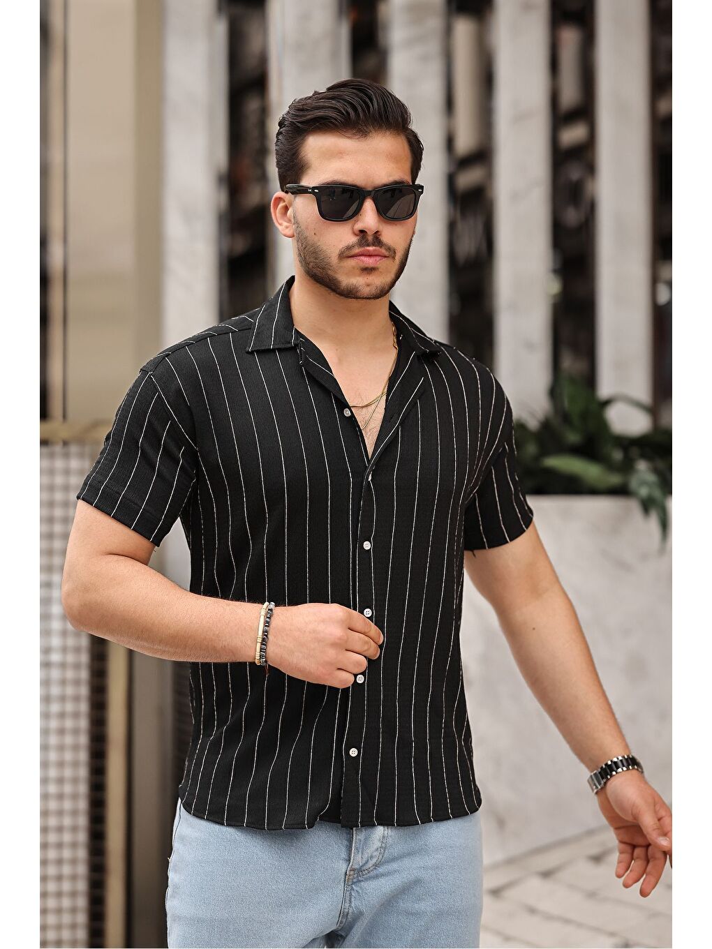 Erkek Trend Yazlık Kısa Kollu Çizgili Siyah Gömlek