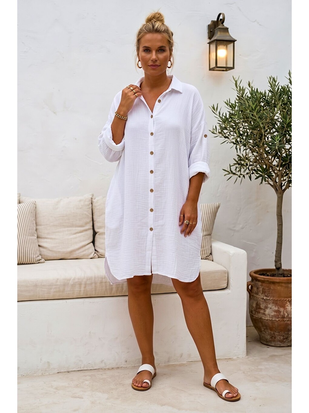 Beyaz Gömlek Yaka 3/4 Kol Düğmeli Gizli Cepli Yıkamalı Casual Müslin Oversize Dokuma Elbise 101 72-4