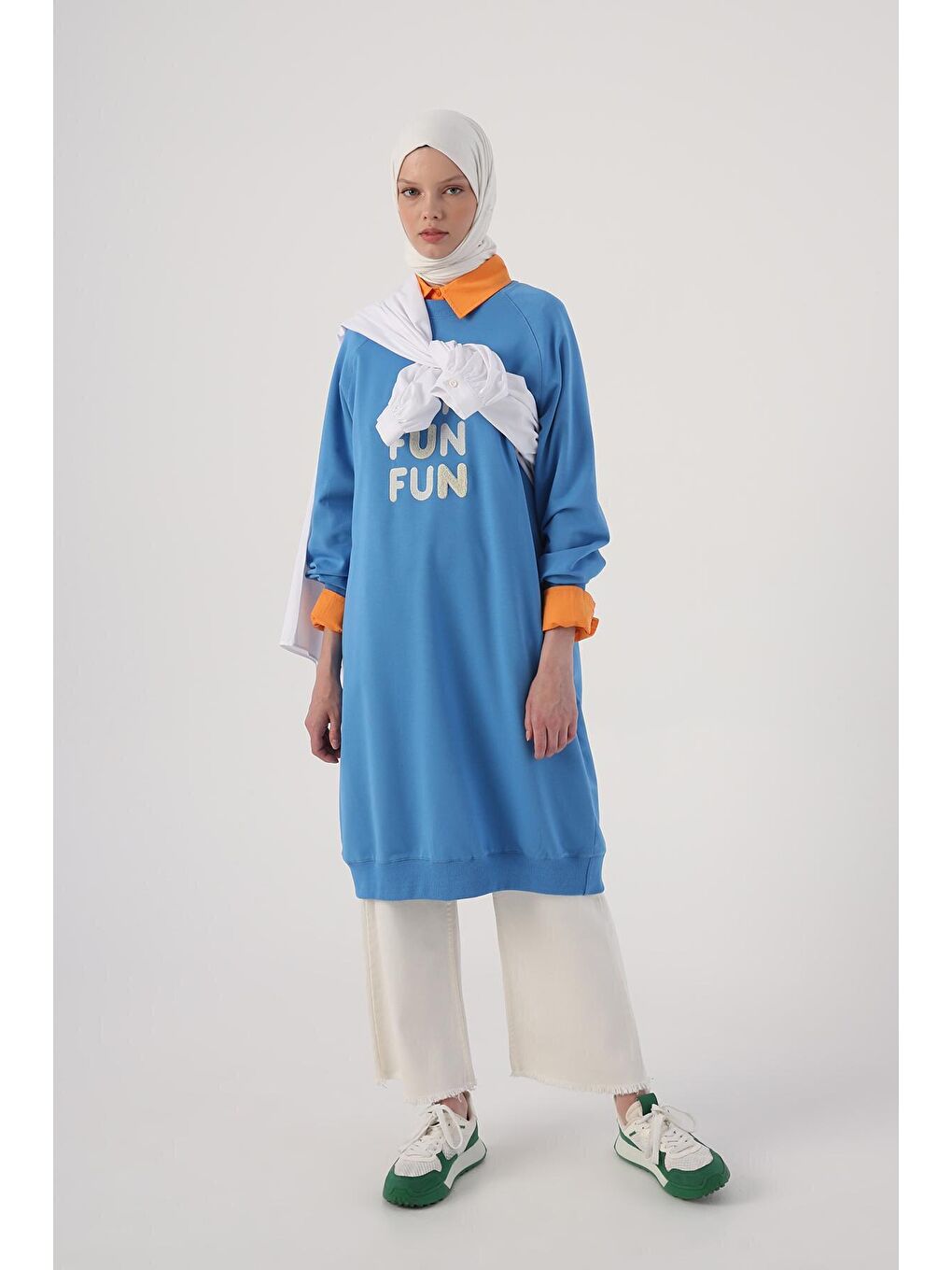 Mavi Saks Yazı Nakışlı Reglan Kol Sweat Tunik-4