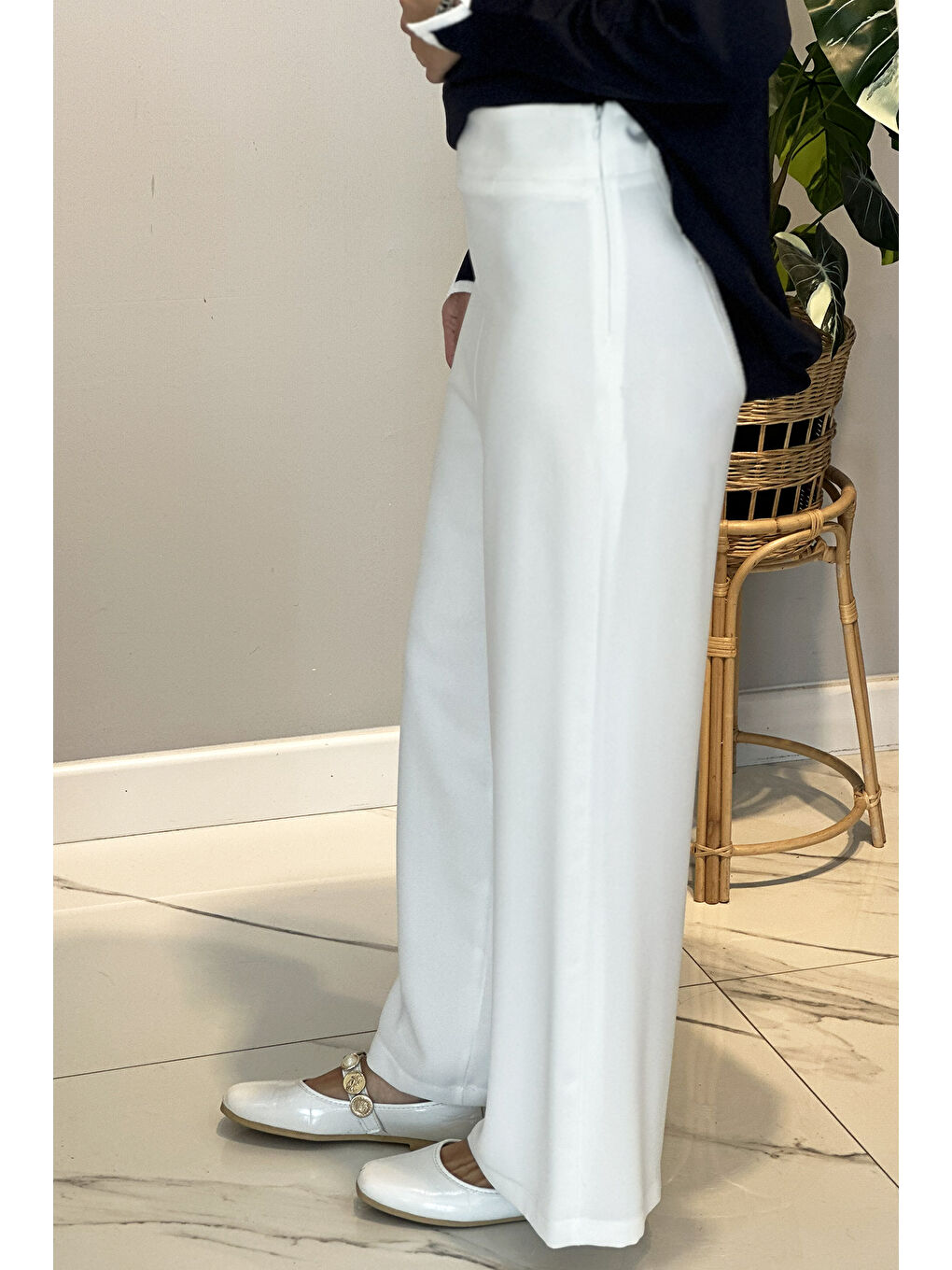 Krep Kumaş Bol Paça Pantolon 16008 Ekru-2