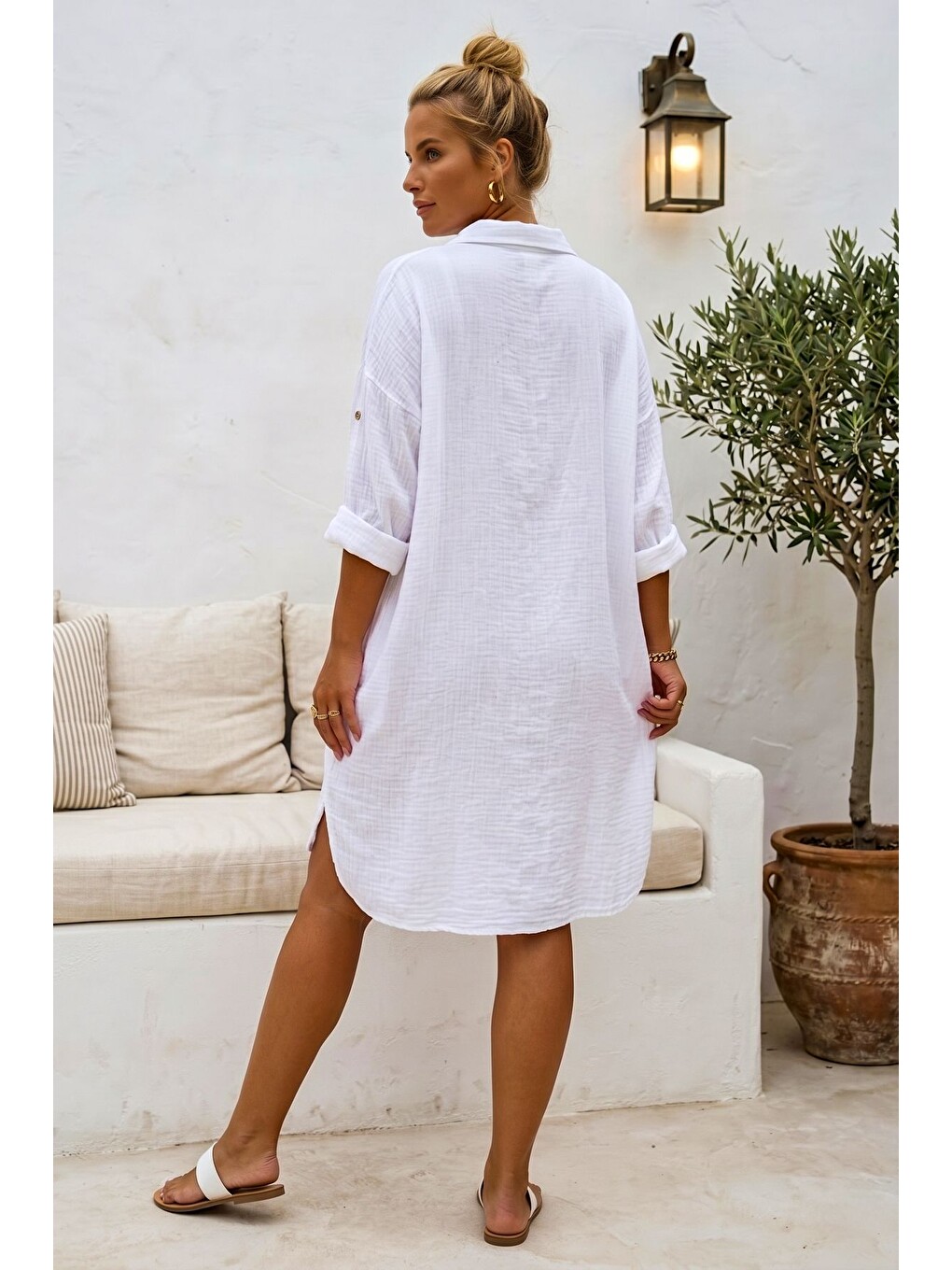 Beyaz Gömlek Yaka 3/4 Kol Düğmeli Gizli Cepli Yıkamalı Casual Müslin Oversize Dokuma Elbise 101 72-5