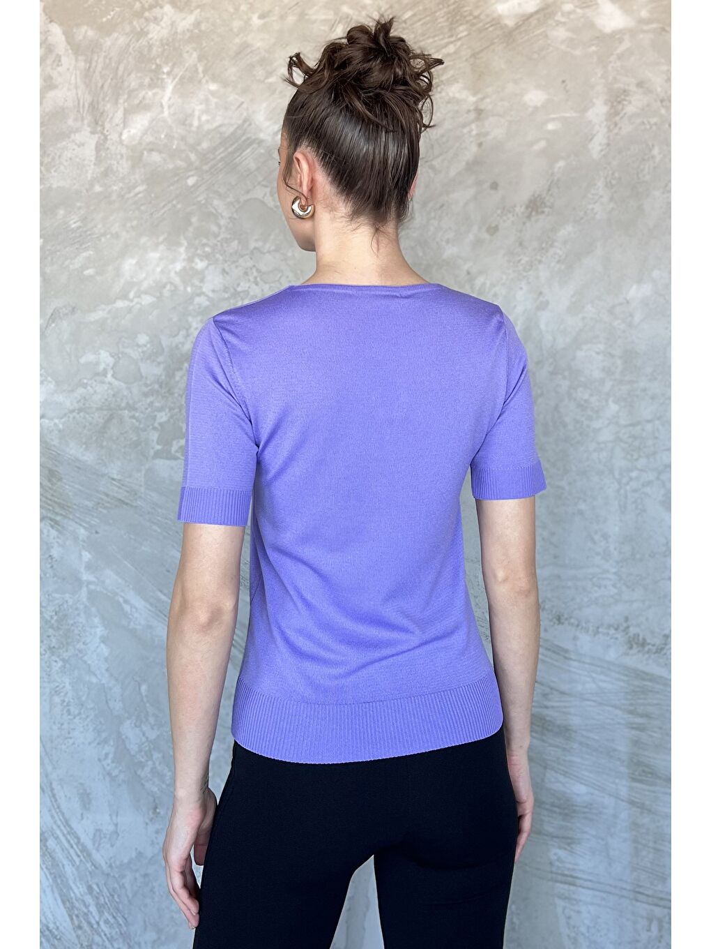 Lila Kadın V Yaka Aksesuarlı Triko Bluz-2