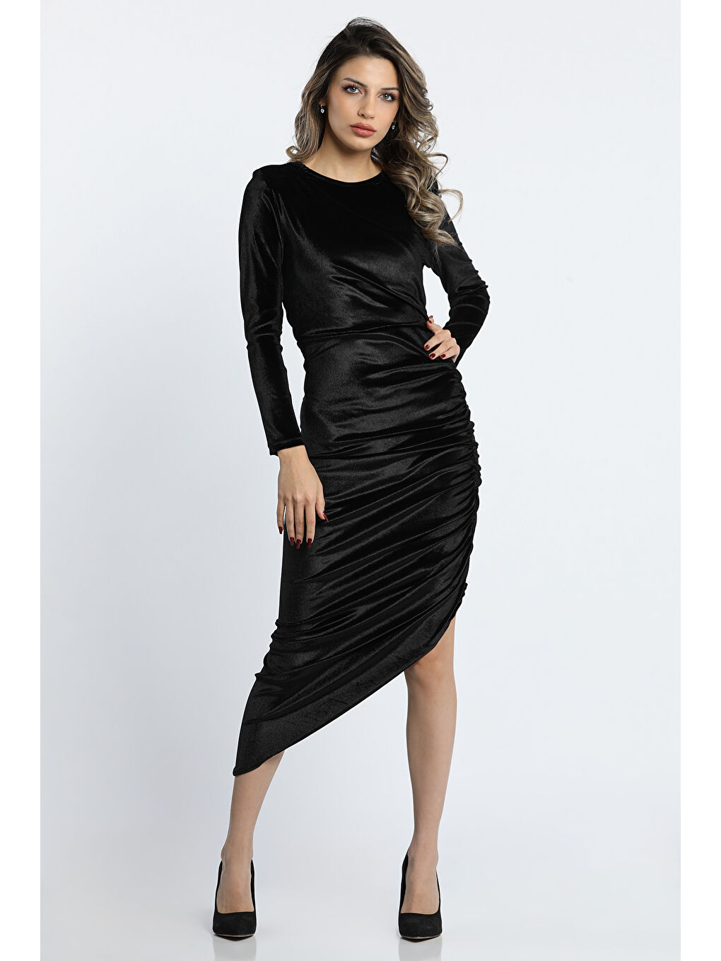 Siyah Kadın Bisiklet Yaka Uzun Kollu Ön Drapeli Kadife Abiye Gece Kıyafeti-3