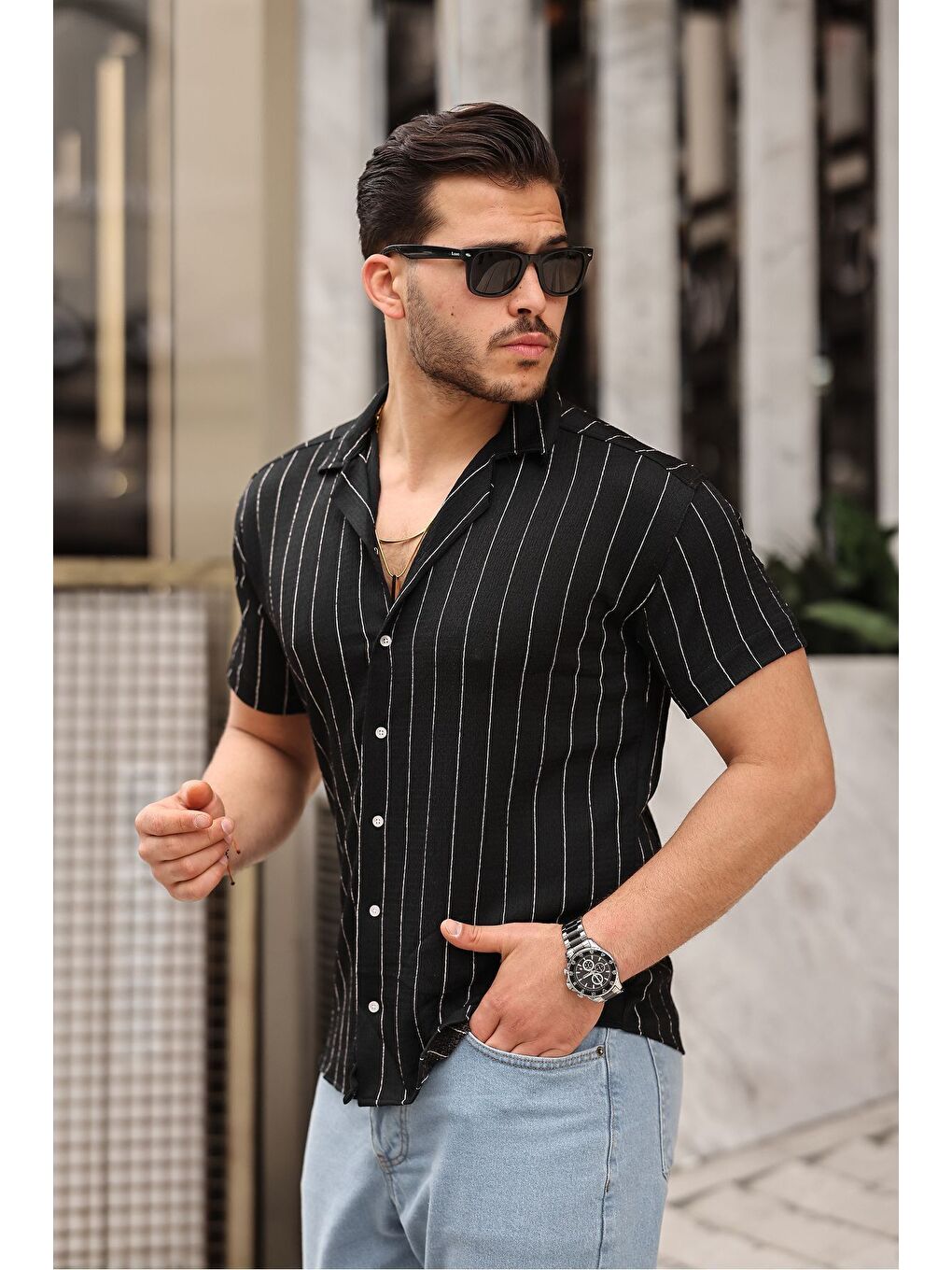 Erkek Trend Yazlık Kısa Kollu Çizgili Siyah Gömlek-2