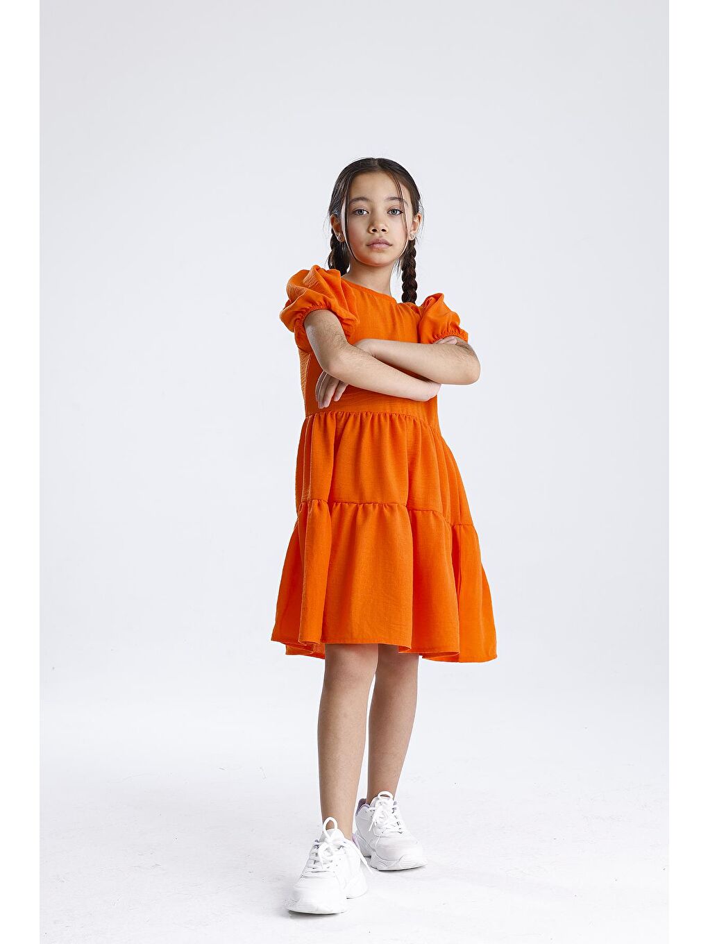 Turuncu Basic Düz Elbise-3