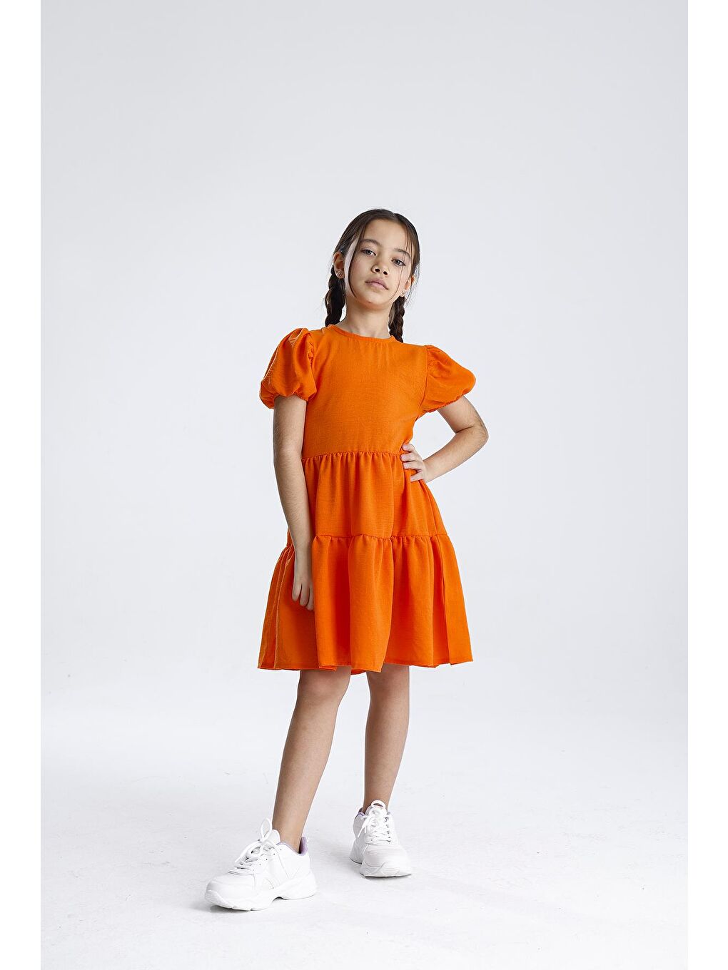 Turuncu Basic Düz Elbise-4