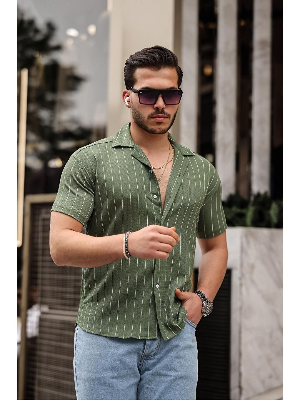 Erkek Trend Yazlık Kısa Kollu Çizgili Yeşil Gömlek