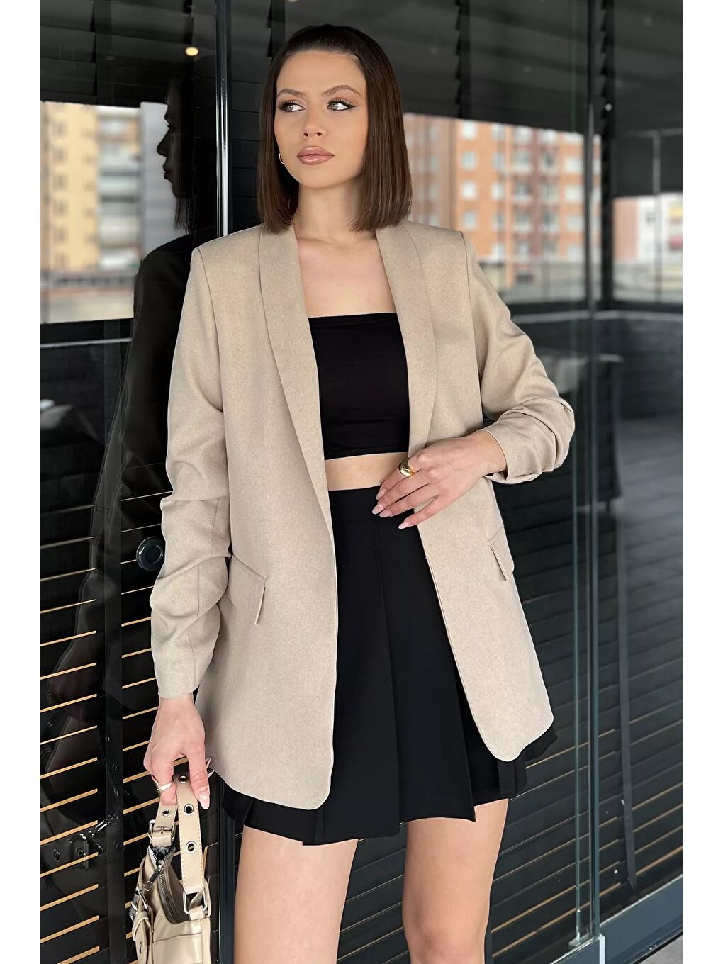 Bej Kol Büzgülü Kadın Blazer Ceket