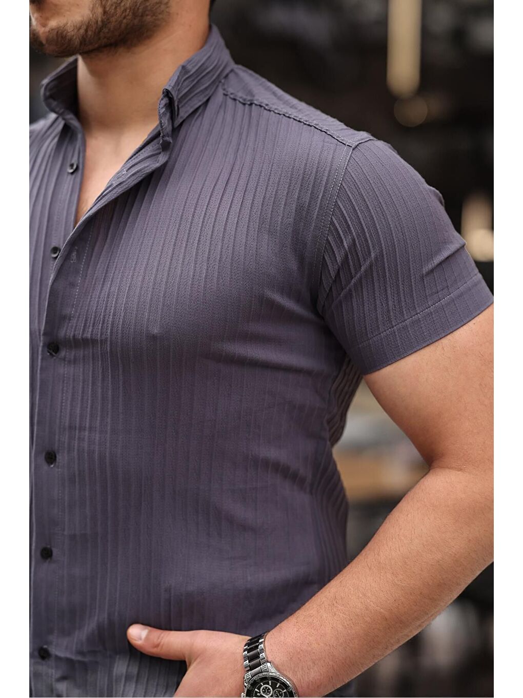 Gri Erkek Kendinden Çizgi Desenli Gömlek-1