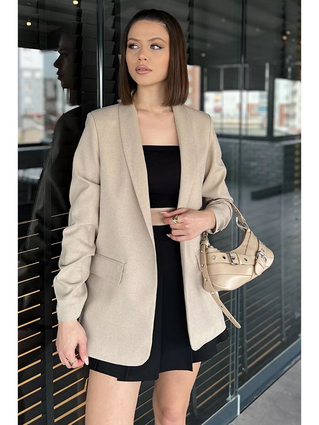 Bej Kol Büzgülü Kadın Blazer Ceket-1