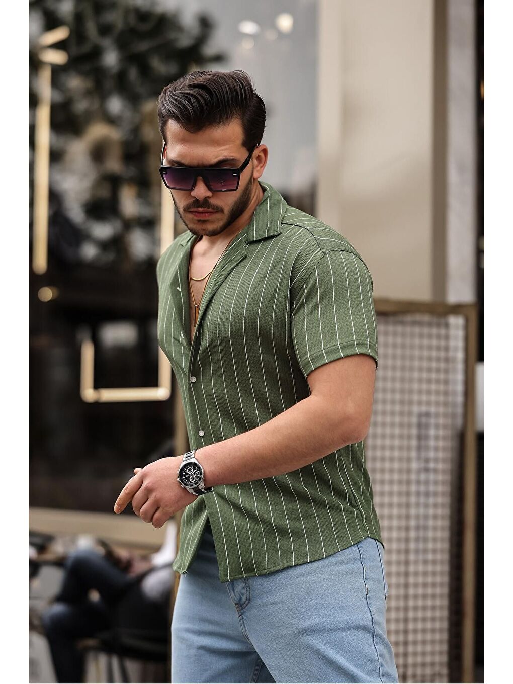 Erkek Trend Yazlık Kısa Kollu Çizgili Yeşil Gömlek-2