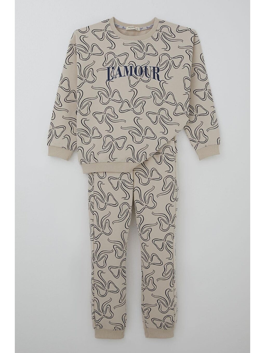 Bej Kız Çocuk Eşofman Takımı Fiyonk Desenli Bağcık Aksesuarlı Taş (4-8 Yaş)