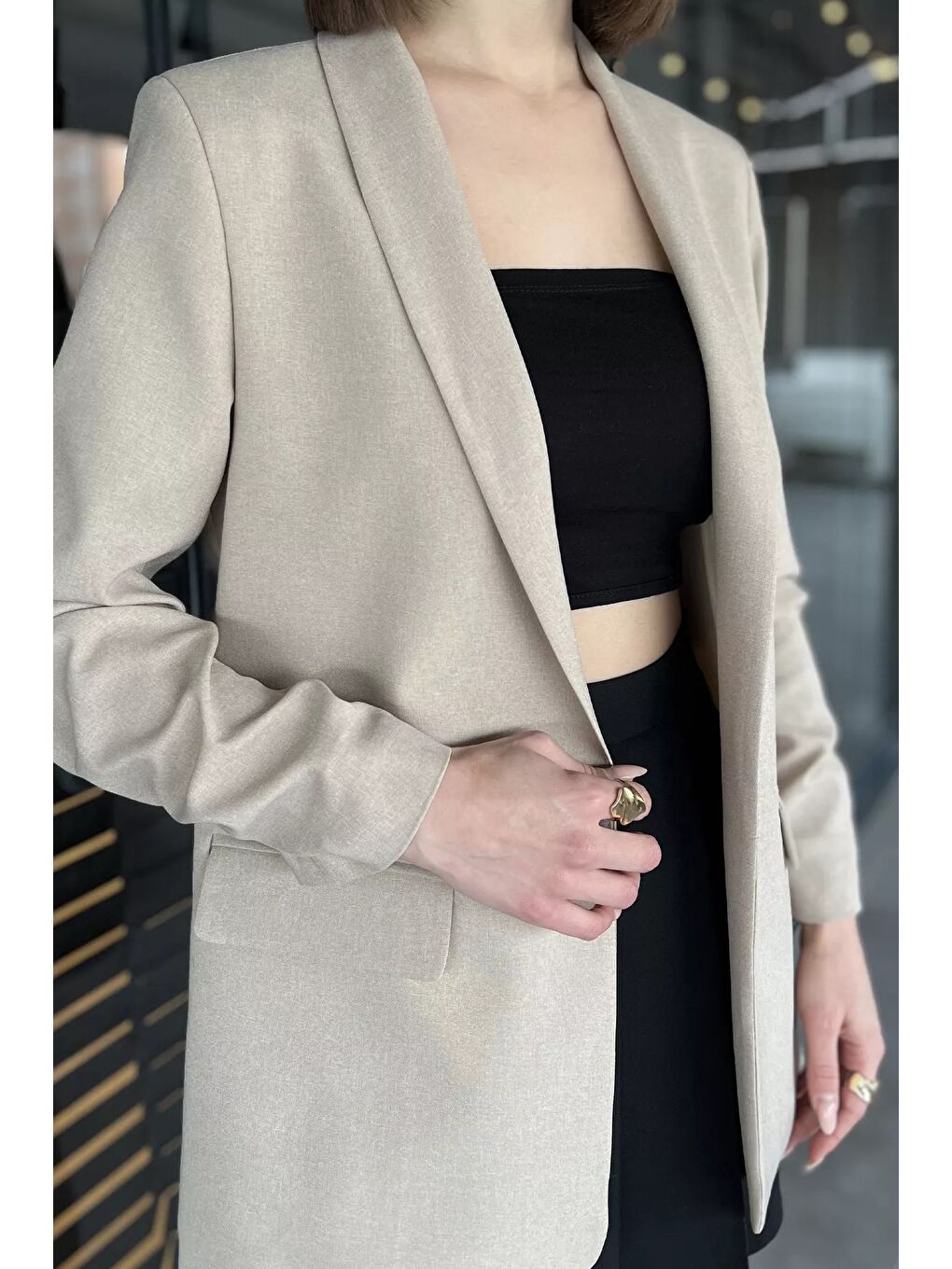 Bej Kol Büzgülü Kadın Blazer Ceket-3