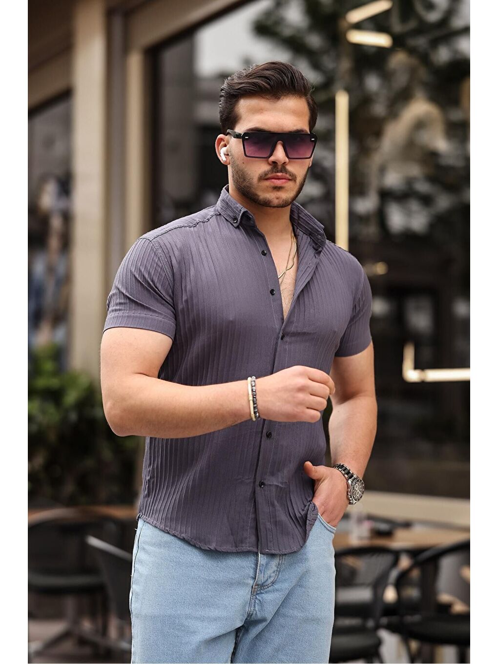 Gri Erkek Kendinden Çizgi Desenli Gömlek-2