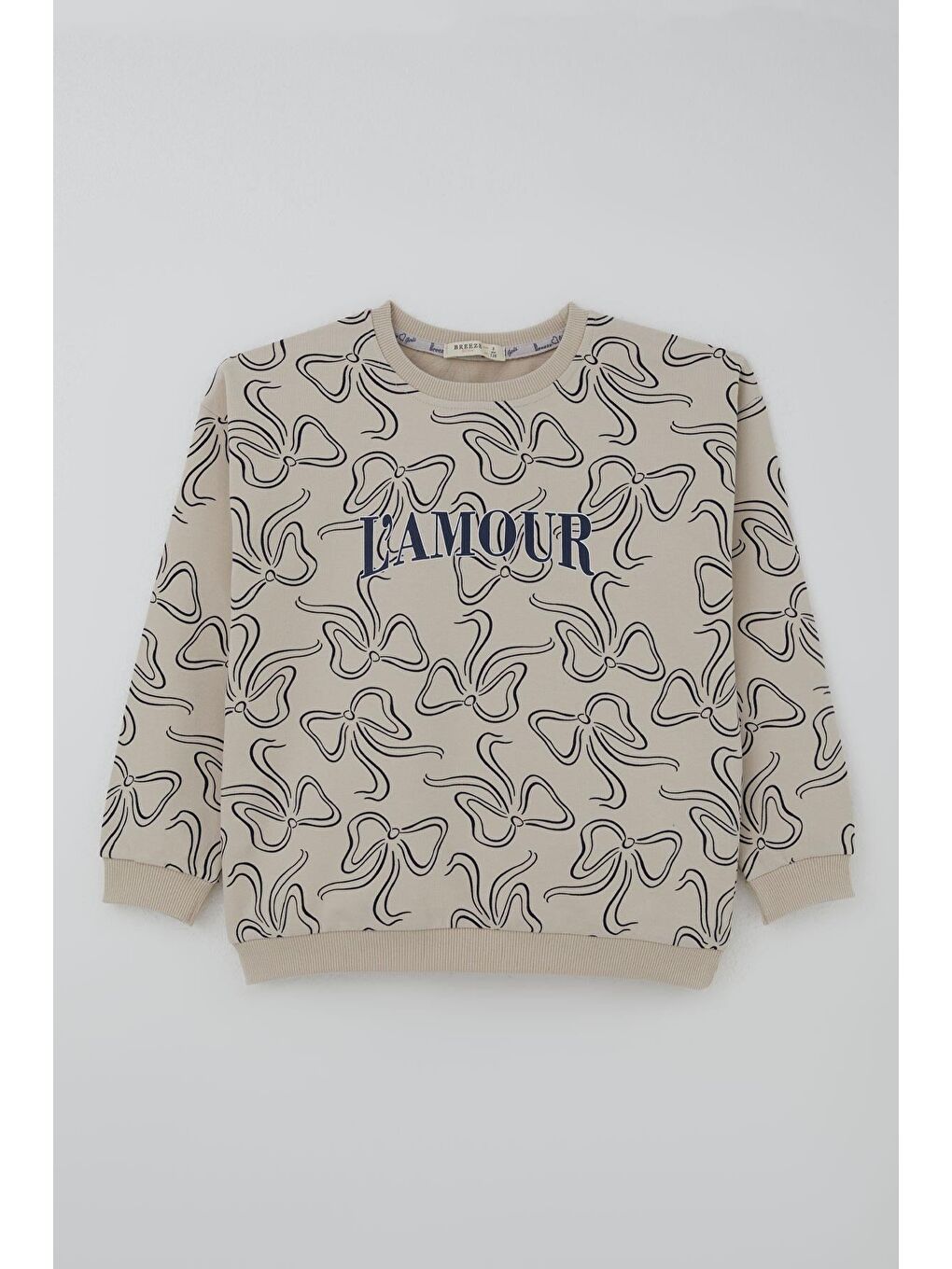 Bej Kız Çocuk Eşofman Takımı Fiyonk Desenli Bağcık Aksesuarlı Taş (4-8 Yaş)-1