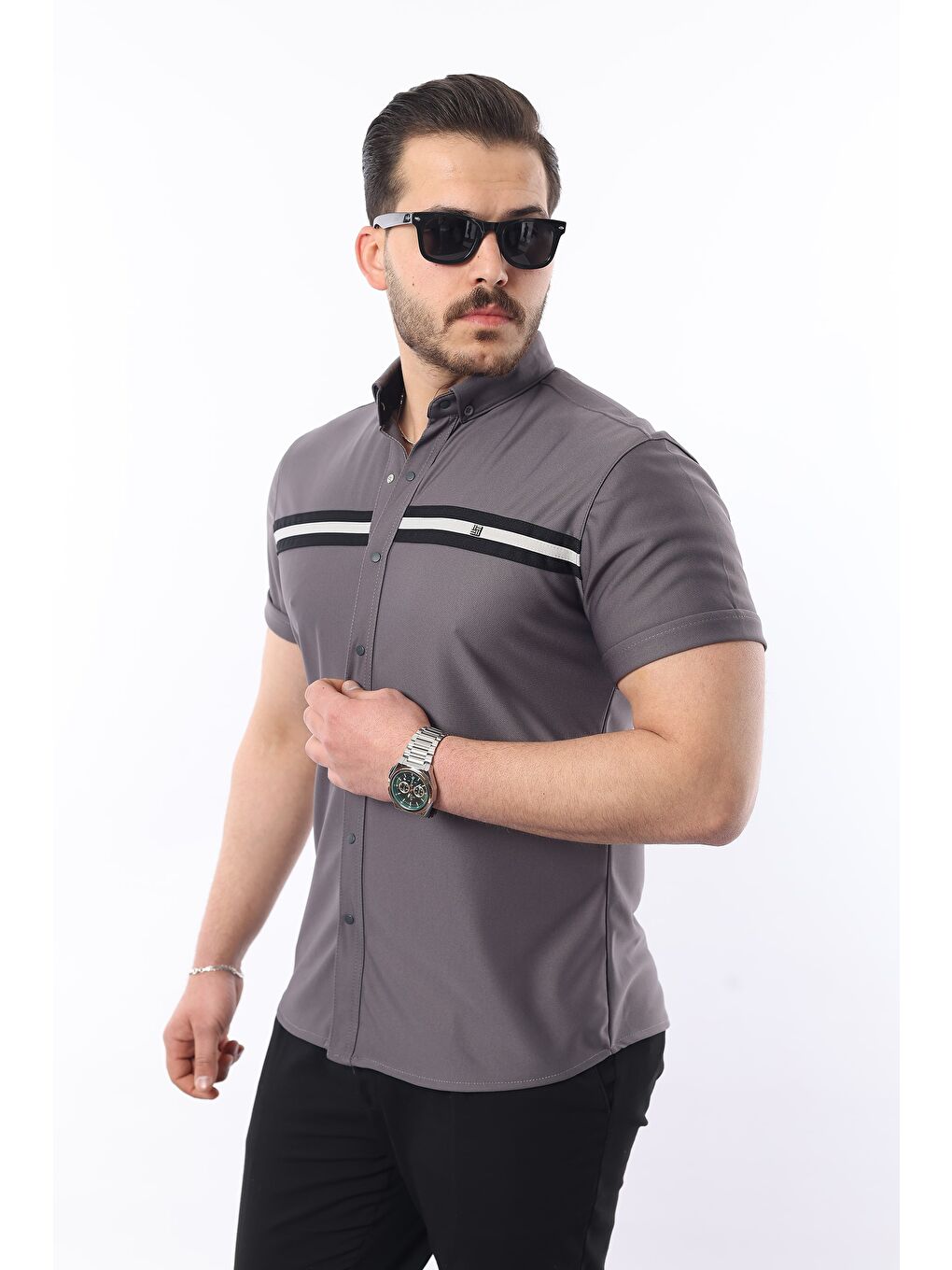 Antrasit Erkek Kısa Kollu Slim Fit Yazlık Çift Çizgili Gömlek-2