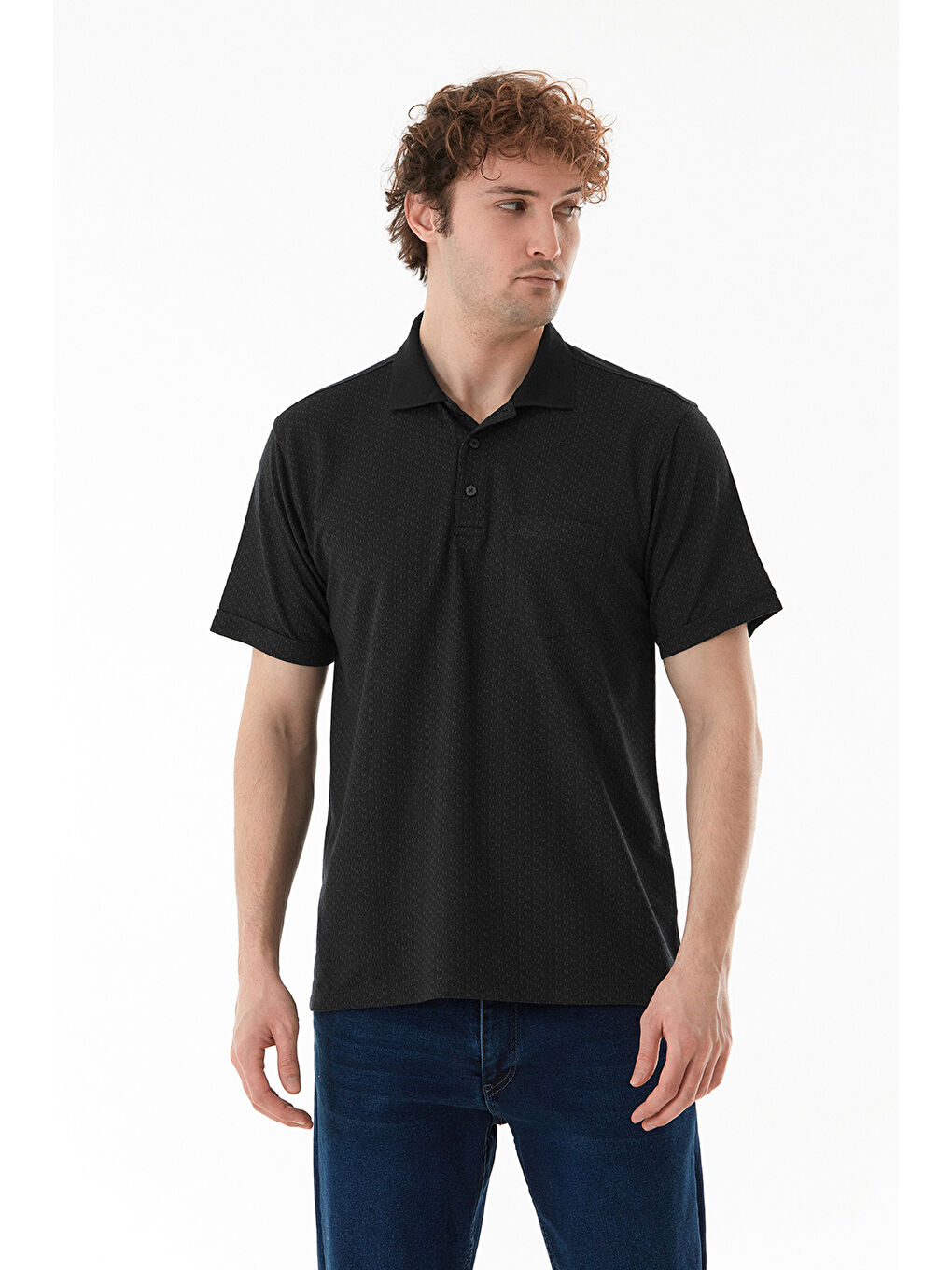 Siyah Desenli Düğmeli Polo Yaka Tişört