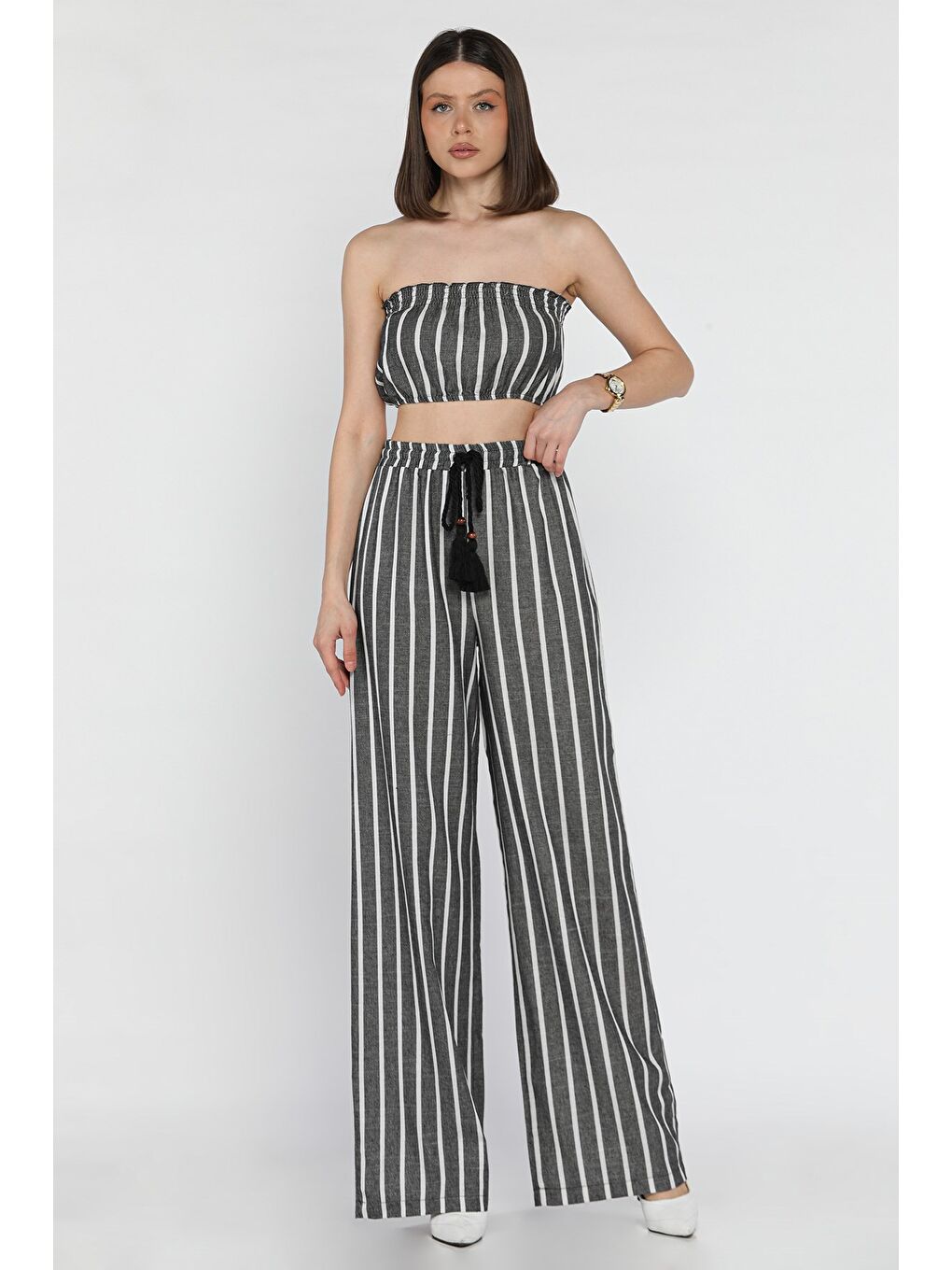 Antrasit Kadın Çizgi Desenli Straplez Crop Top Bluz Palazzo Pantolon İkili Takım
