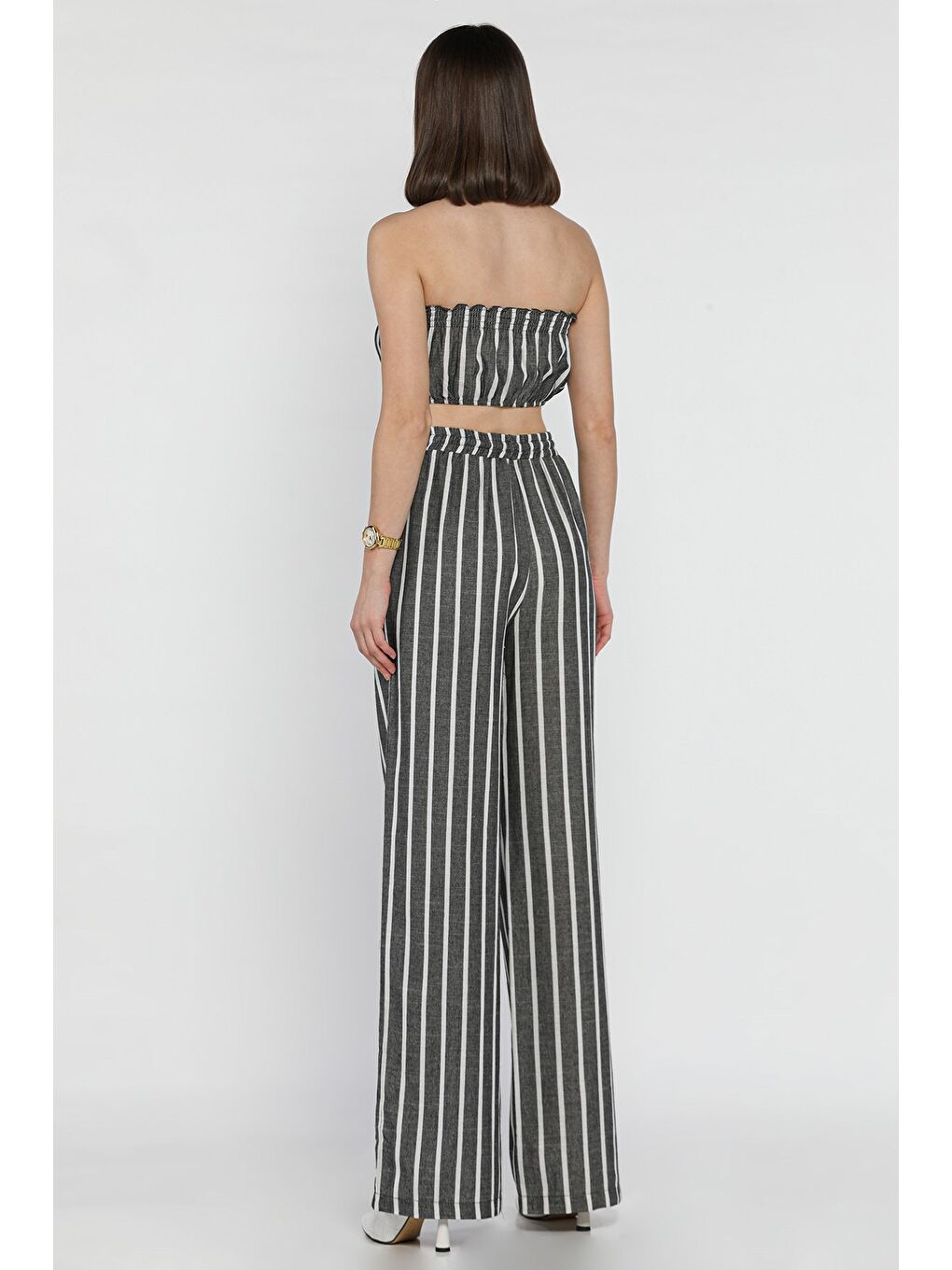 Antrasit Kadın Çizgi Desenli Straplez Crop Top Bluz Palazzo Pantolon İkili Takım-2