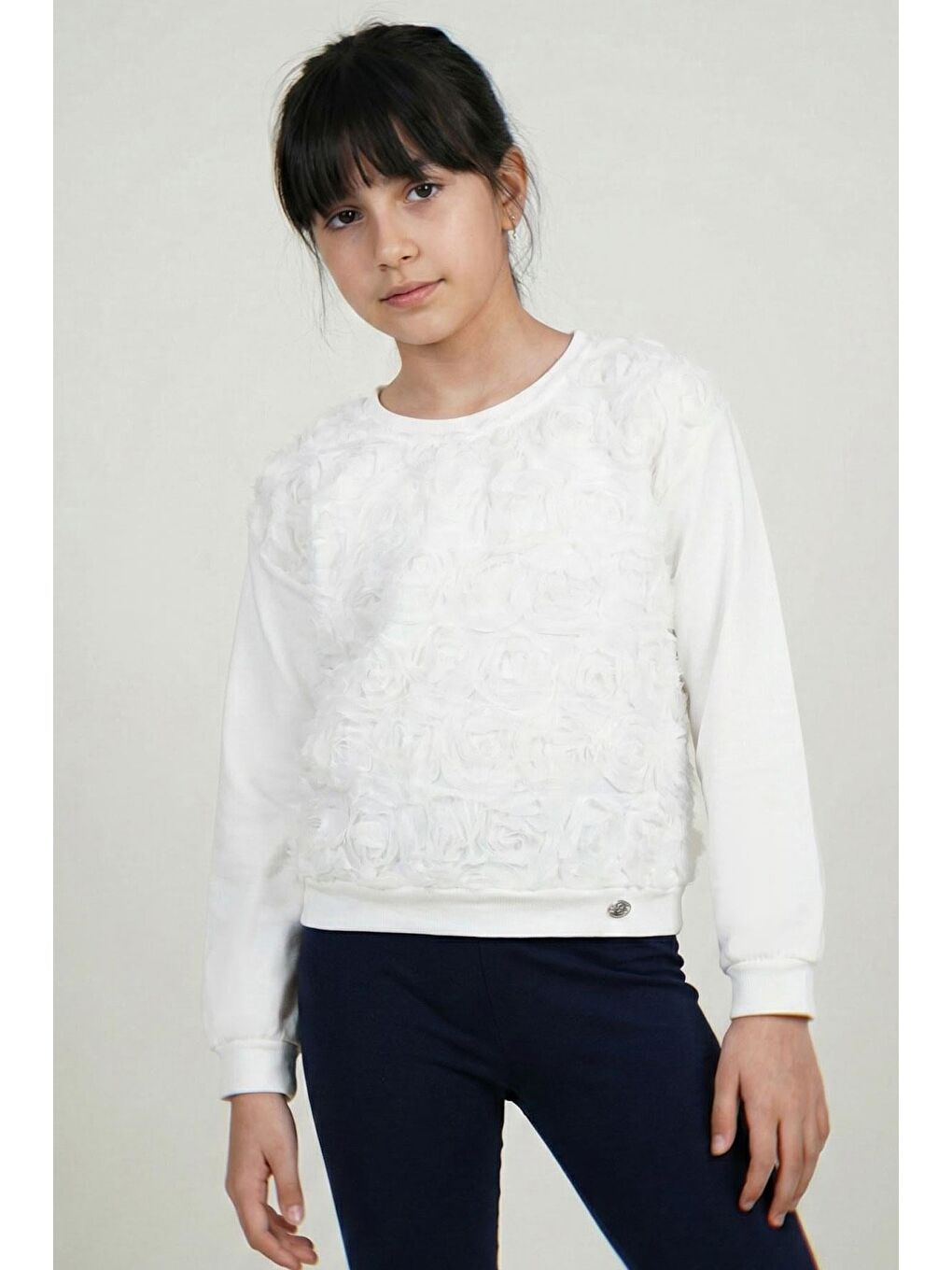 Kız Çocuk Sweatshirt Organze Kabartmalı Gül Detaylı Ekru (6-12 Yaş)