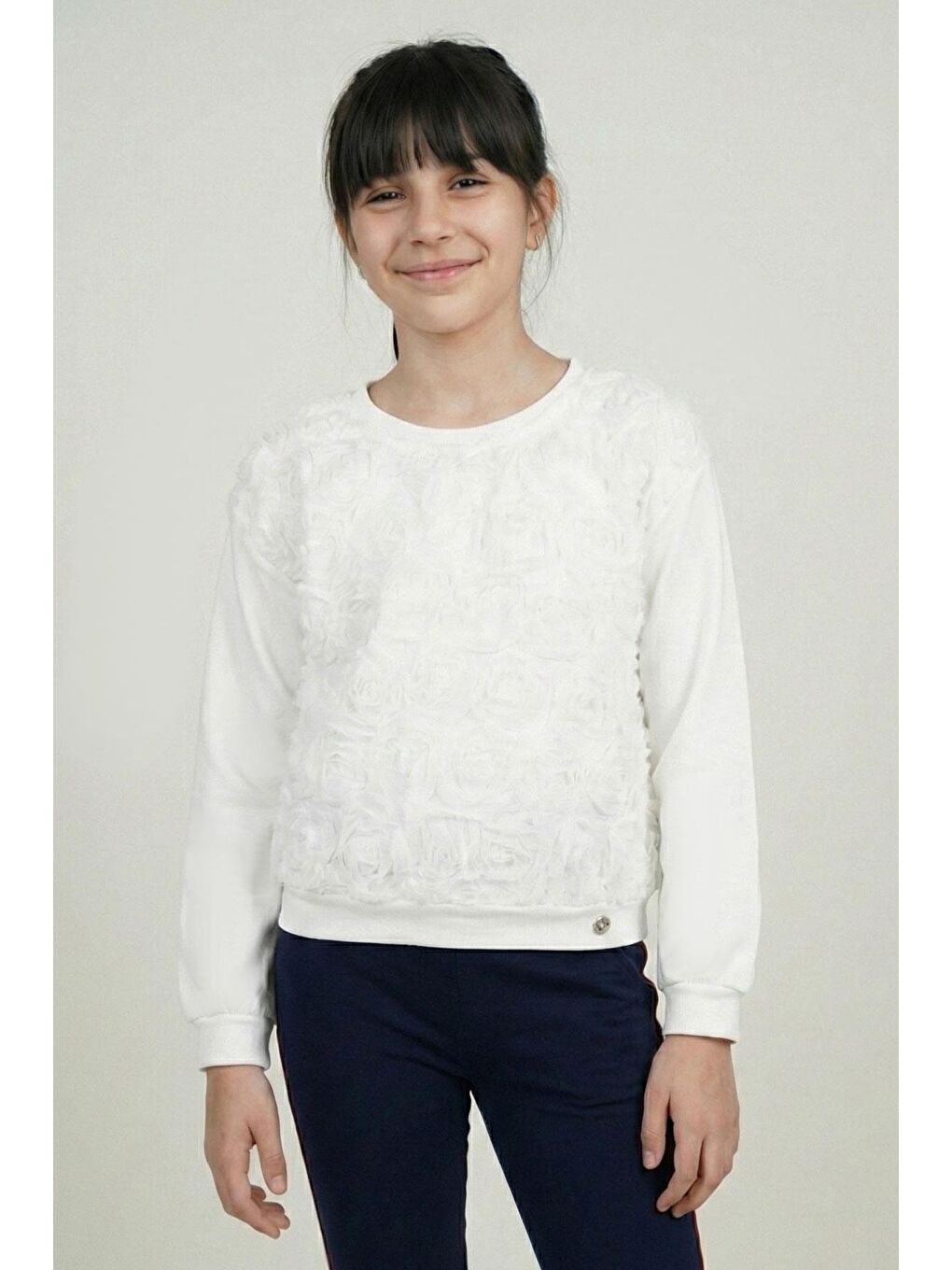 Kız Çocuk Sweatshirt Organze Kabartmalı Gül Detaylı Ekru (6-12 Yaş)-1