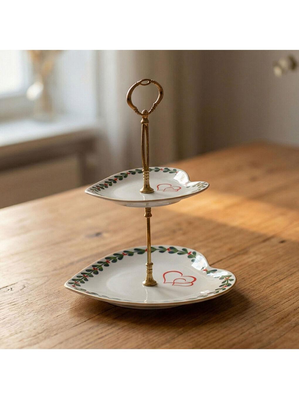 Ekru Kalp Şekilli İki Katlı Dekoratif Sunumluk Kurabiyelik-4