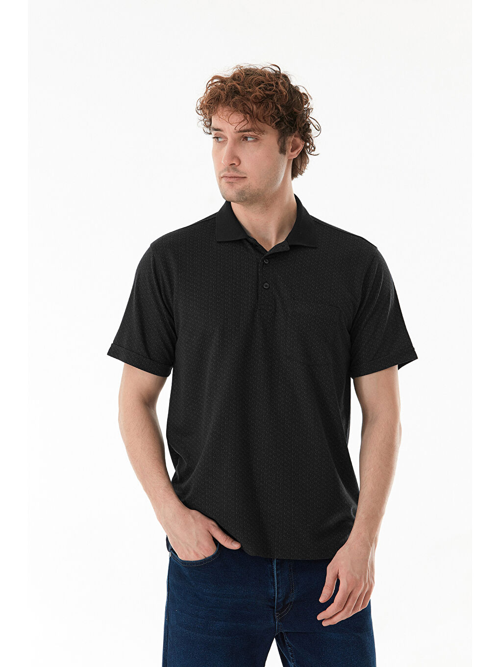 Siyah Desenli Düğmeli Polo Yaka Tişört-2