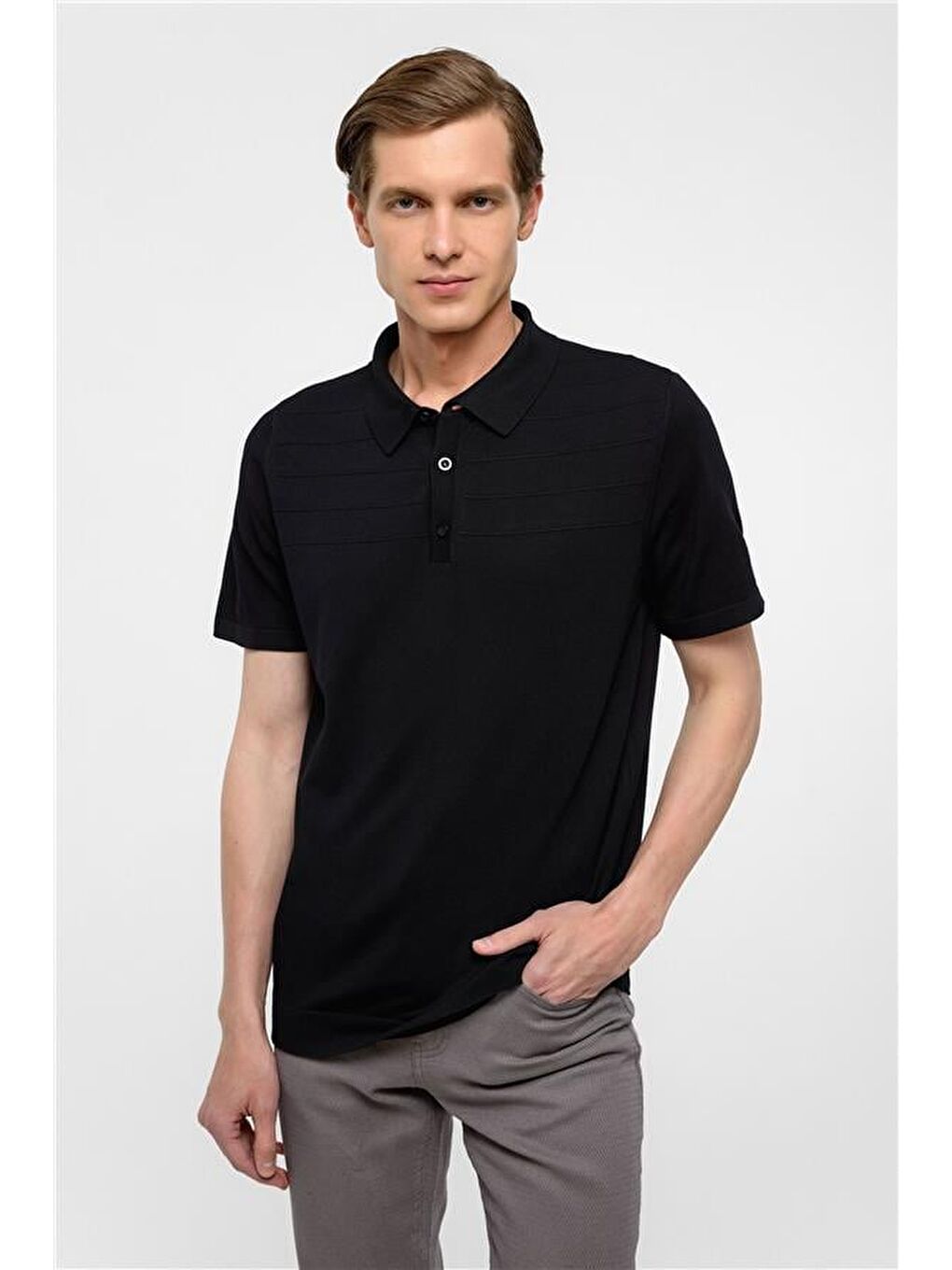 Siyah Regular Düz Polo Yaka Triko-1