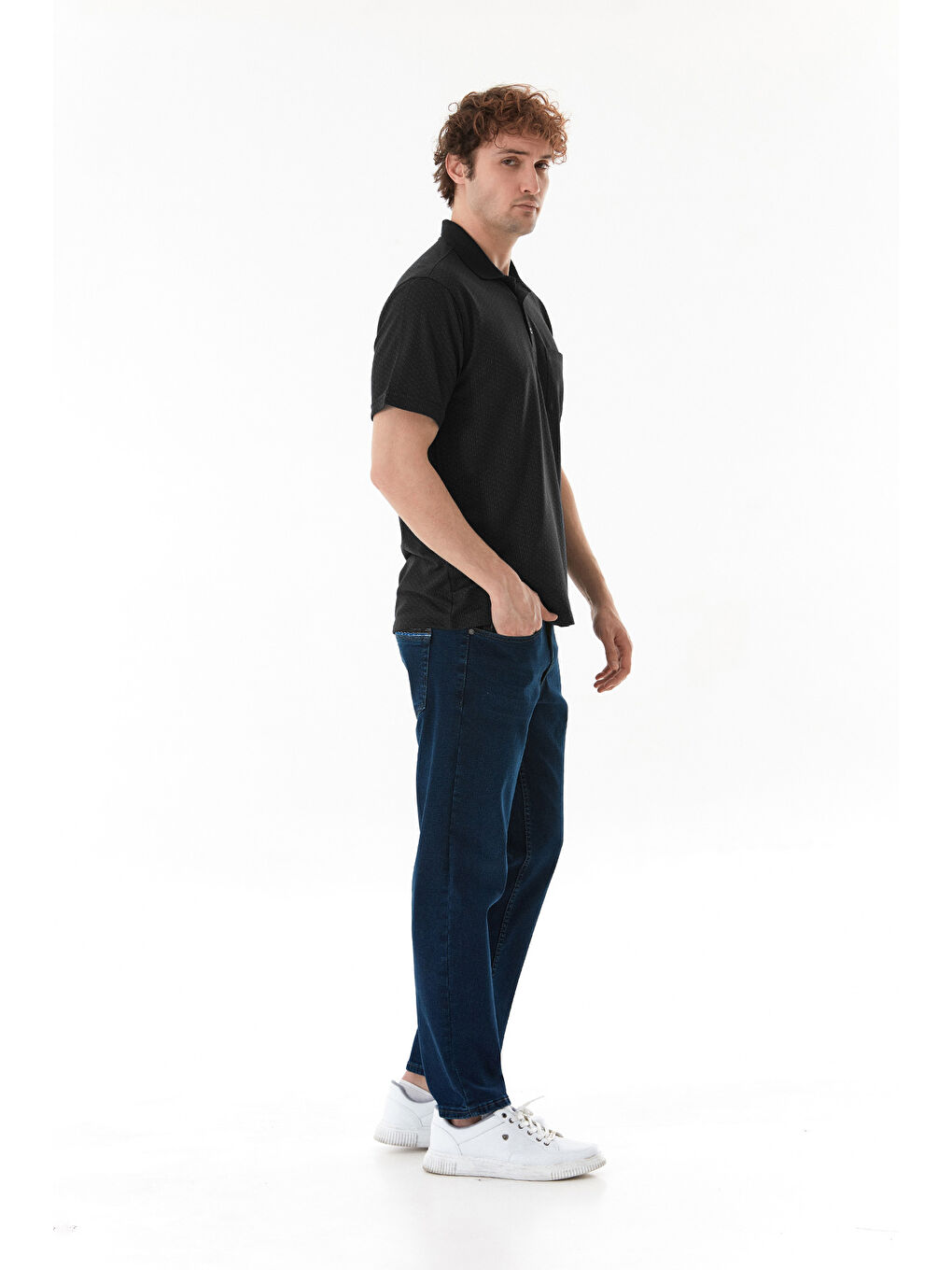 Siyah Desenli Düğmeli Polo Yaka Tişört-3