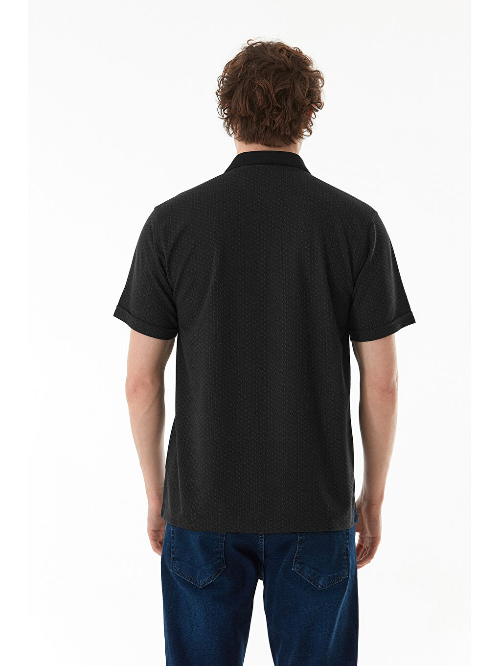 Siyah Desenli Düğmeli Polo Yaka Tişört-4