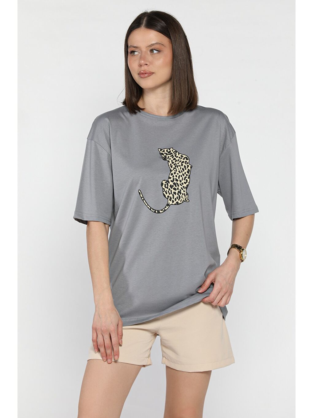 Gri Kadın Bisiklet Yaka Ön Baskılı Tişört-1