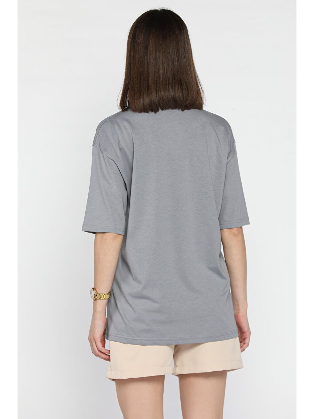 Gri Kadın Bisiklet Yaka Ön Baskılı Tişört-2