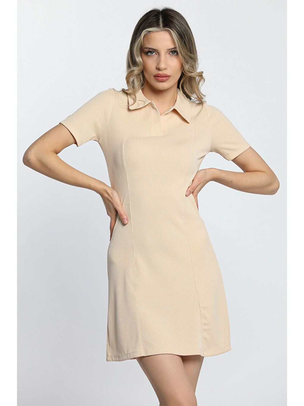 Bej Kadın Polo Yaka Fitilli Elbise-3