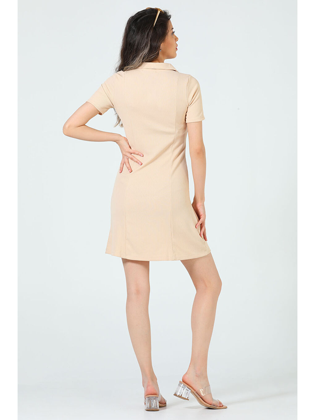 Bej Kadın Polo Yaka Fitilli Elbise-5