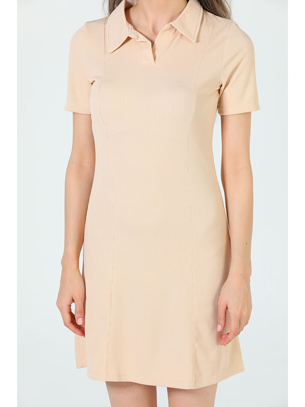 Bej Kadın Polo Yaka Fitilli Elbise-6