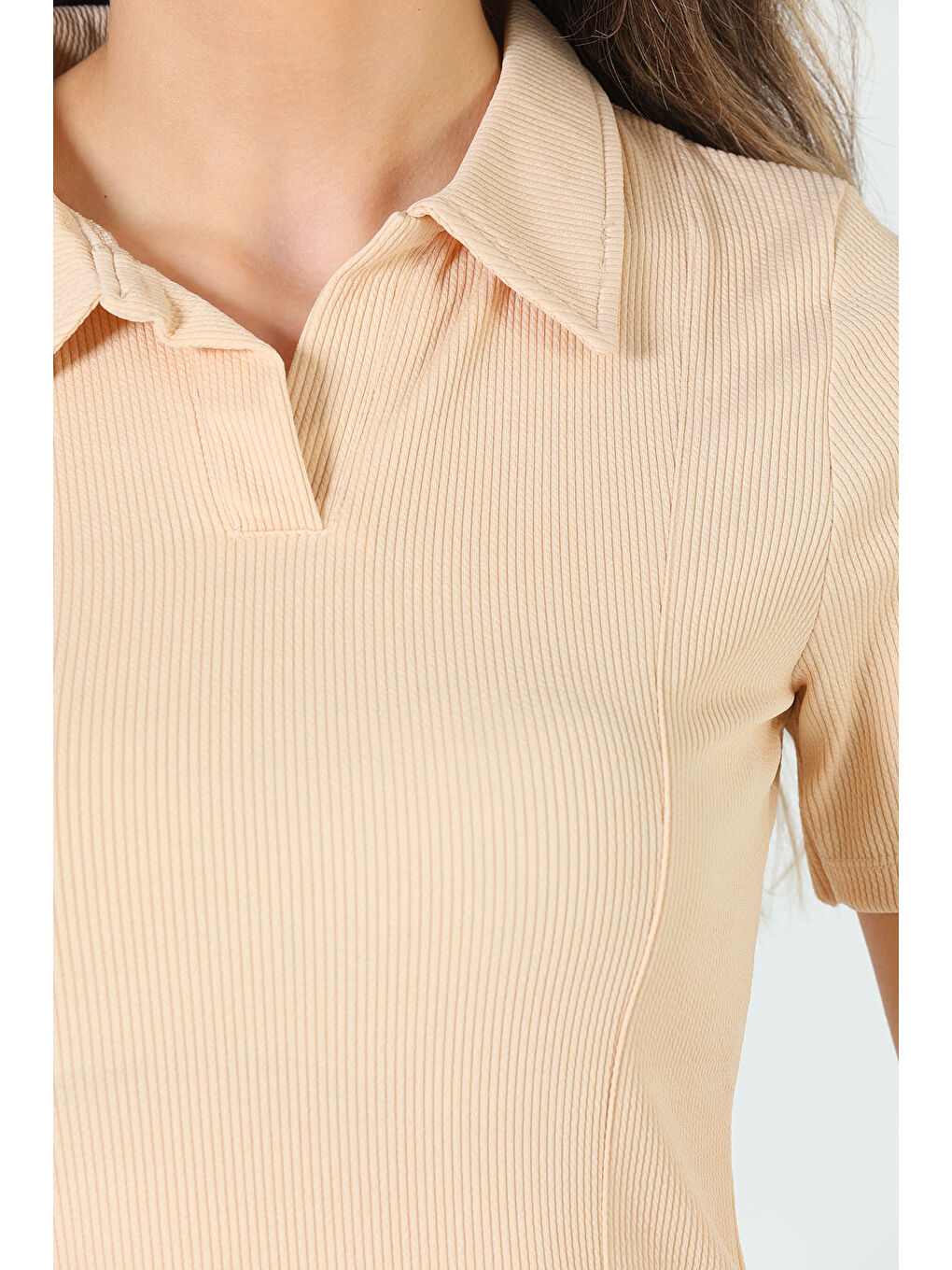 Bej Kadın Polo Yaka Fitilli Elbise-7