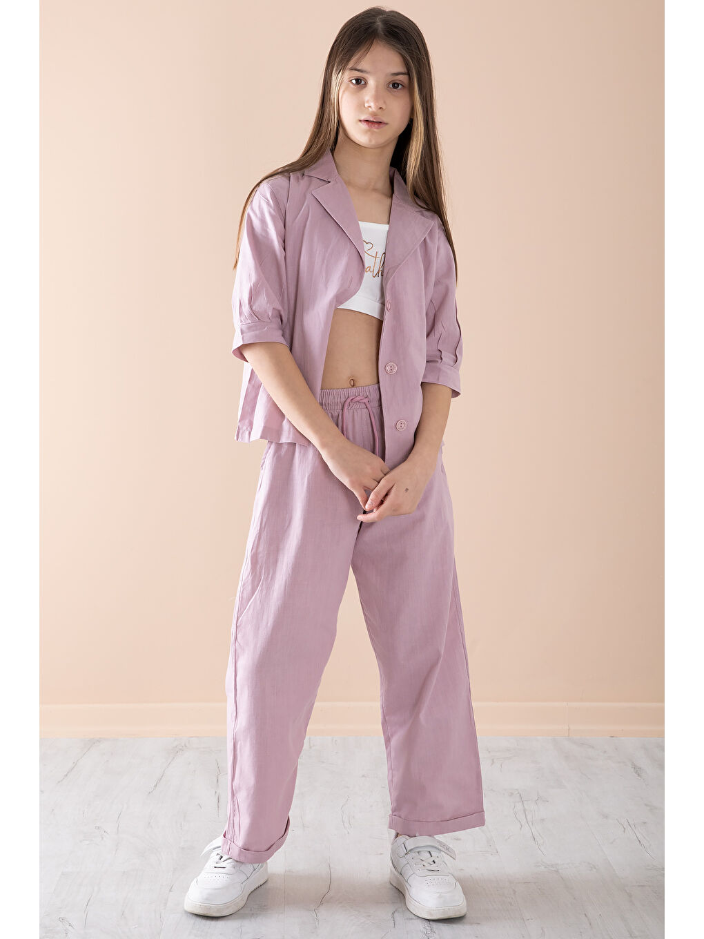 Pembe Gül Kurusu Yarım Kol Kız Çocuk 3lü Croplu Takım 20326