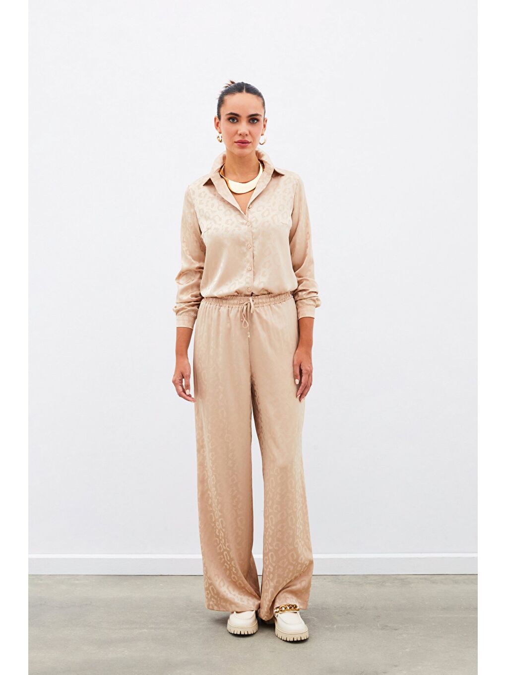 Kahverengi Bel Lastikli Desenli Pantolon - Camel-1