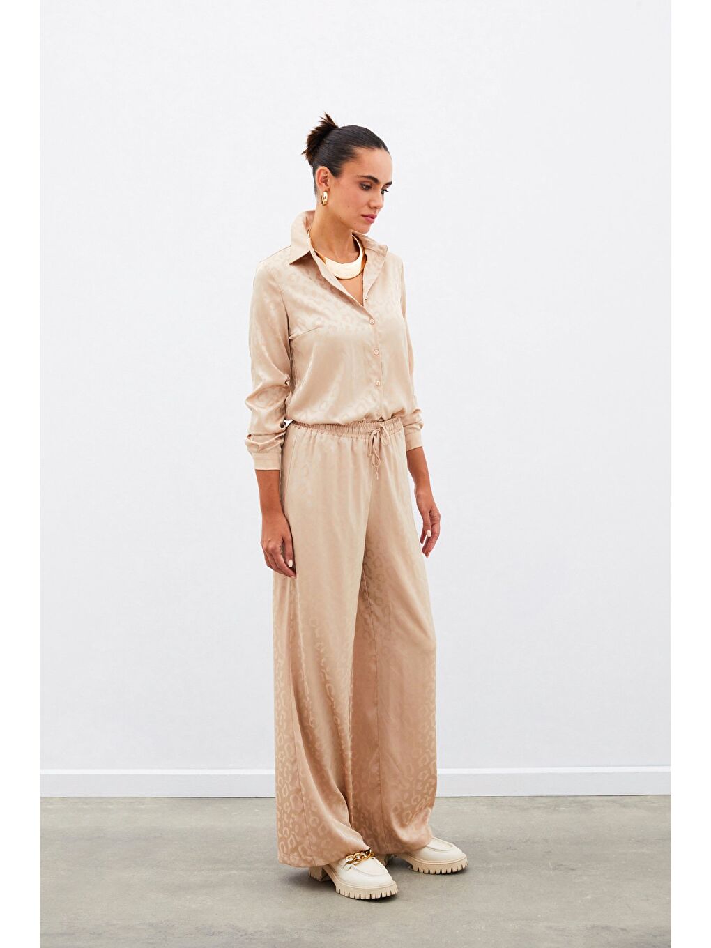 Kahverengi Bel Lastikli Desenli Pantolon - Camel-4